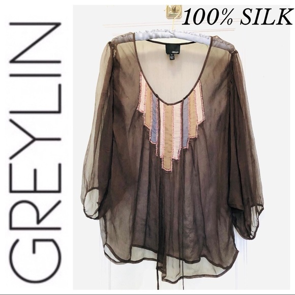 GREYLIN 100% Vintage Silk Beaded Sheer Dolman Sleeve Tunic - Picture 2 of 10